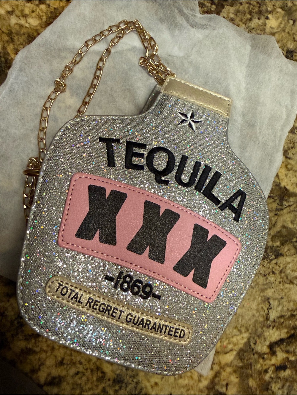 Source Unknown Silver Glitter Tequila Bottle Crossbody with Pink Patch